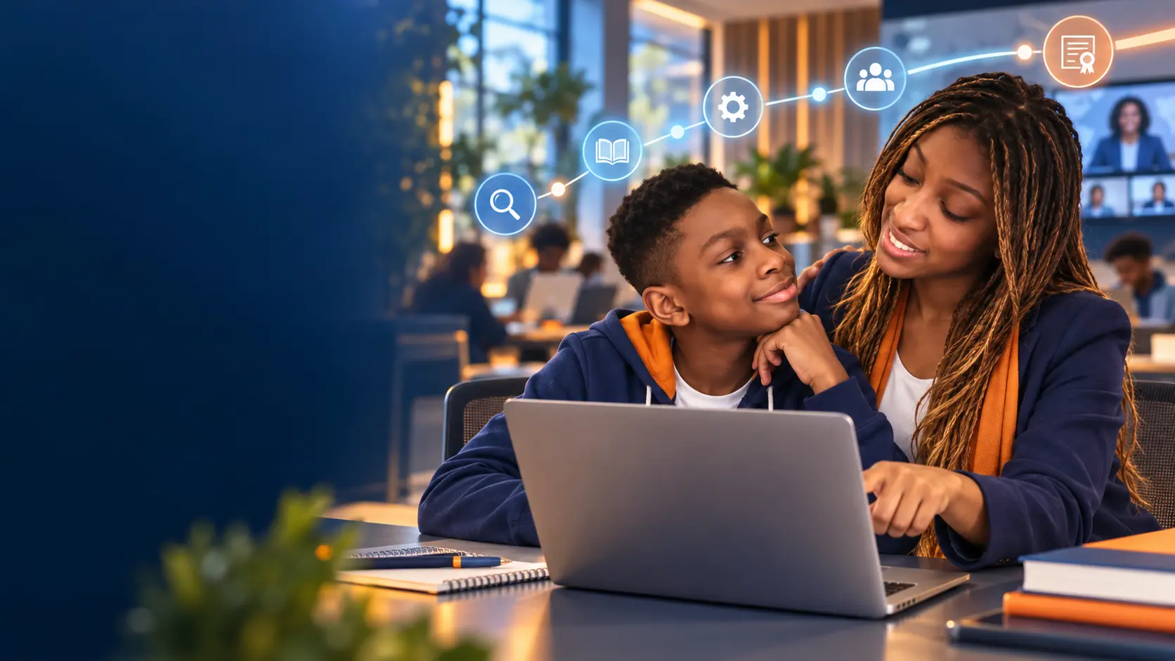A mentor and young learner exploring a personalized digital learning pathway together